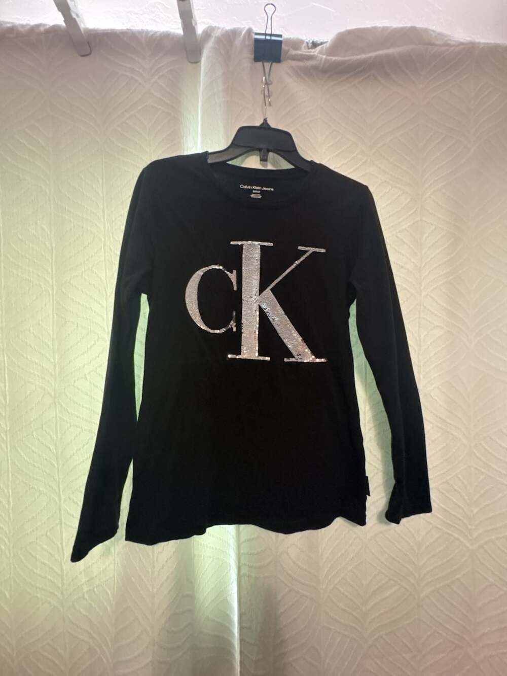 Calvin Klein Jeans Women's Black Long Sleeve Shirt Silver Sequin CK Logo Small